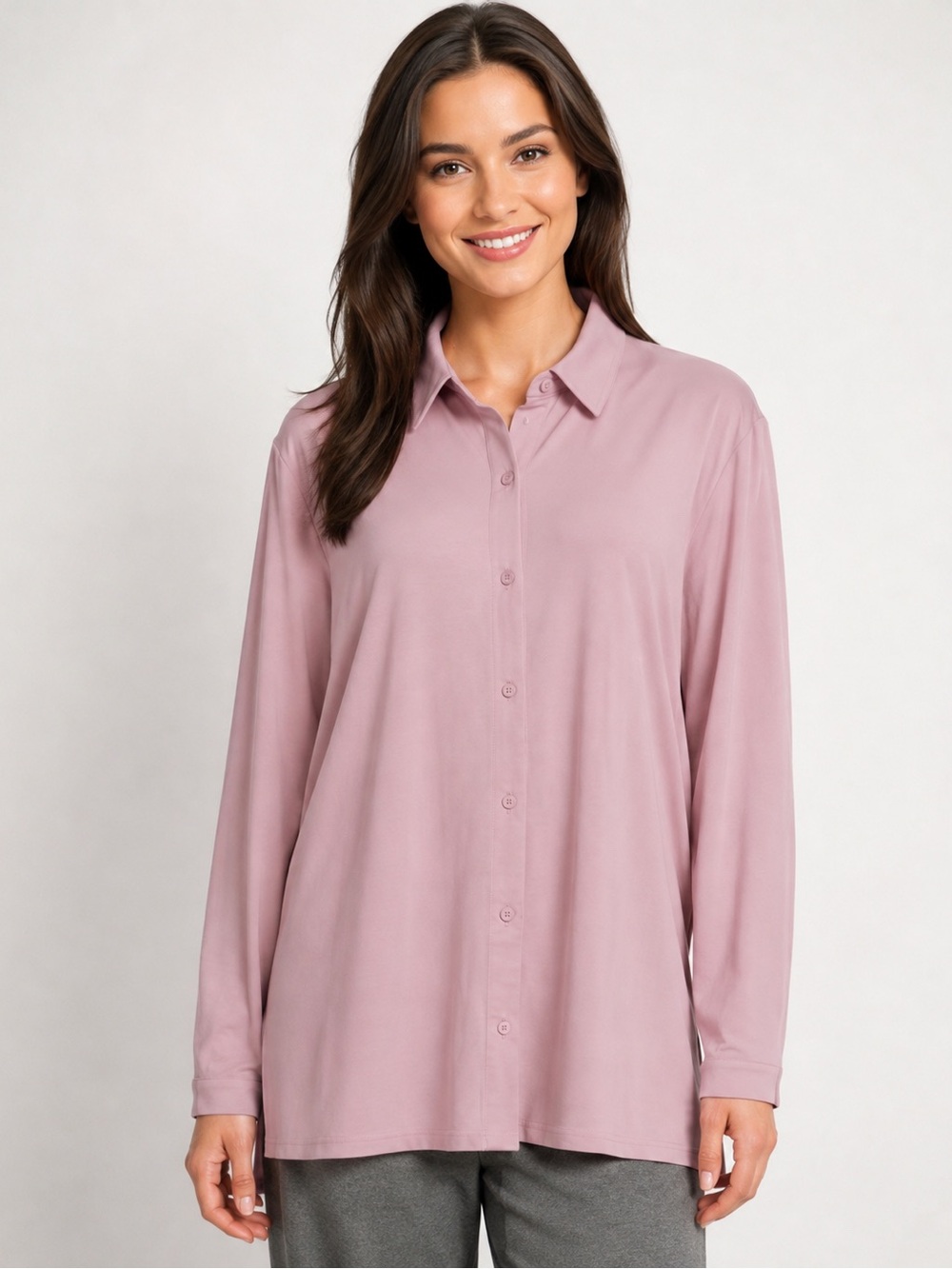 NWT Eileen Fisher Stretch Jersey Classic Collar Long Sleeve Shirt ICYPL Sz M